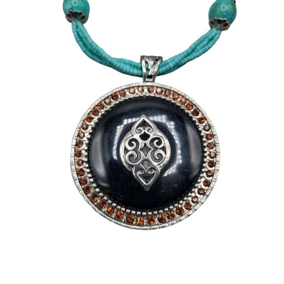 Faux Turquoise Large Pendant Necklace Runway Style Silver Tone 21" Beaded Chain - Picture 12 of 16